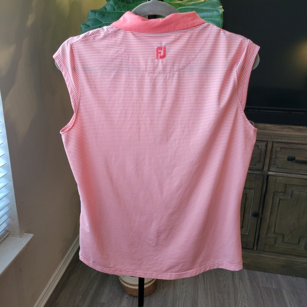 FootJoy Womens Coral White Striped Sleeveless Golf Polo Shirt Trophy Club Medium - Picture 2 of 7
